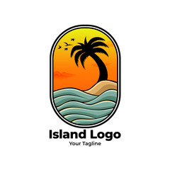 Island Logo Design with Coconut Trees and Sunset