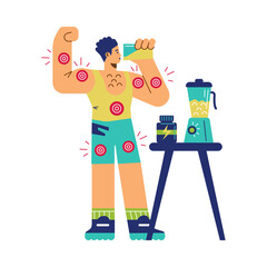 Muscular young man drinking protein cocktail flat style