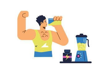 Athlete drinks protein gainer to increase body mass, flat vector isolated.