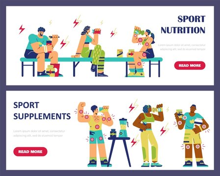 Athletic people making protein shakes, drinking BCAA and eating energy bars - web banners flat vector illustration.