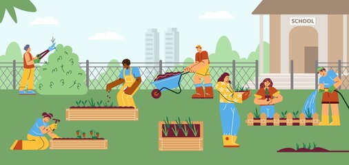 Community garden banner with people planting vegetables and plants, flat vector.