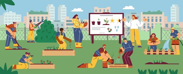 Men and women characters working at community garden flat style