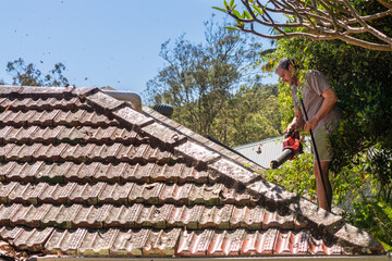 man on roof with leaf blower