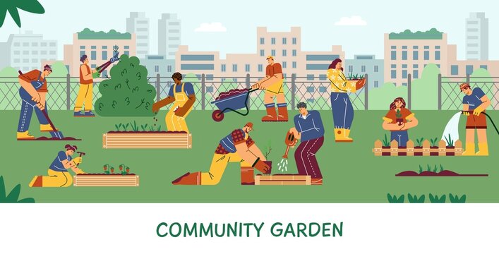 Community garden on roof of apartment building flat style, vector illustration