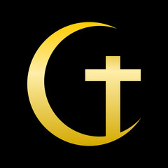 Golden yellow christian crucifix cross on crescent moon black background boho flat vector icon design.