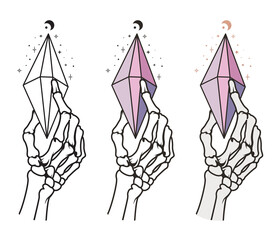 Skeleton hand holding magic a crystal surround by stars. Vector illustration