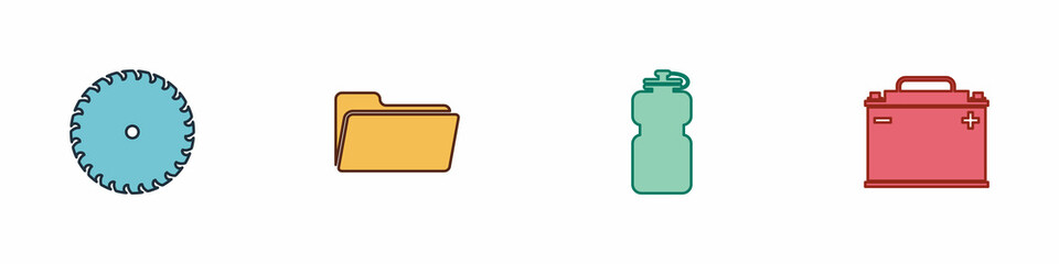 Set Circular saw blade, Folder, Sport bottle with water and Car battery icon. Vector