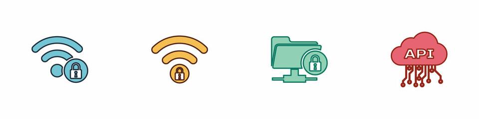 Set Wifi locked, , FTP folder and and Cloud api interface icon. Vector