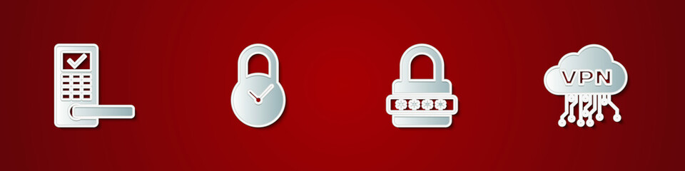 Set Digital door lock with wireless, Padlock clock, Password protection and Cloud VPN interface icon. Vector