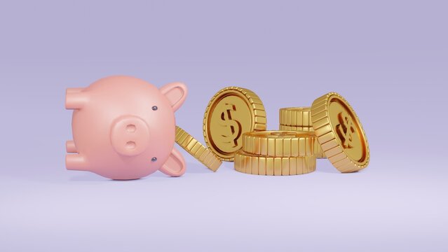 3D Rendering Concept Of A Piggy Bank Failing On Ground And A Golden Coin Coming Out With Coin Stacks. 3D Render.