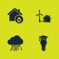 Set House humidity, Light bulb and graduation cap, Internet of things and with wind turbine icon. Vector