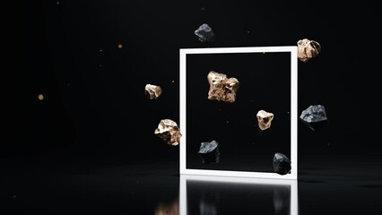 Abstract with golden nuggets or precious metals floating against black and light