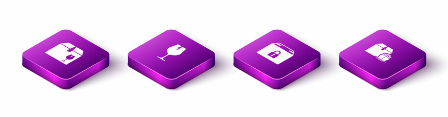 Set Isometric Delivery box with fragile content, Fragile broken glass, Locked package and Cargo ship boxes icon. Vector