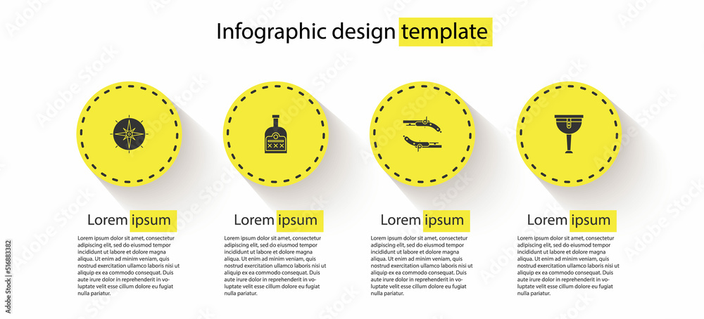 Sticker set wind rose, alcohol drink rum bottle, vintage pistols and wooden pirate leg. business infographic