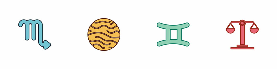Set Scorpio zodiac, Planet Venus, Gemini and Libra icon. Vector