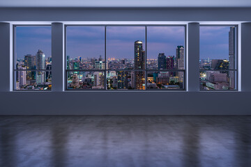 Empty room Interior Skyscrapers View Bangkok. Downtown City Skyline Buildings from High Rise Window. Beautiful Expensive Real Estate overlooking. Night time. 3d rendering.