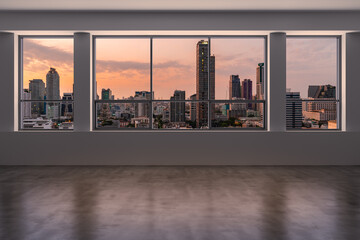 Empty room Interior Skyscrapers View Bangkok. Downtown City Skyline Buildings from High Rise Window. Beautiful Expensive Real Estate overlooking. Sunset. 3d rendering.