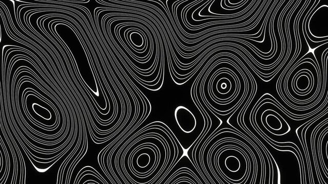 Animation of contour lines in white and black with complex and dizzy patterns