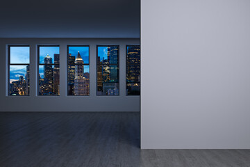 Downtown Seattle City Skyline Buildings from High Rise Window. Beautiful Expensive Real Estate overlooking. Empty room Interior. Mockup wall. Skyscrapers Cityscape. Night. USA. 3d rendering