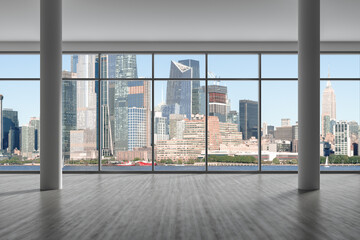 Obraz premium Midtown New York City Manhattan Skyline Buildings from High Rise Window. Beautiful Expensive Real Estate. Empty room Interior Skyscrapers View Cityscape. Day time. Hudson Yards West Side. 3d rendering