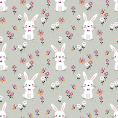 Bunny  Flower and Butterfly Seamless Pattern