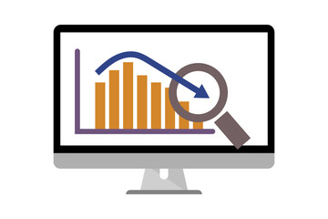 ฺBar graph and arrow going down, inspecting with a magnifying glass showing crisis situation. 