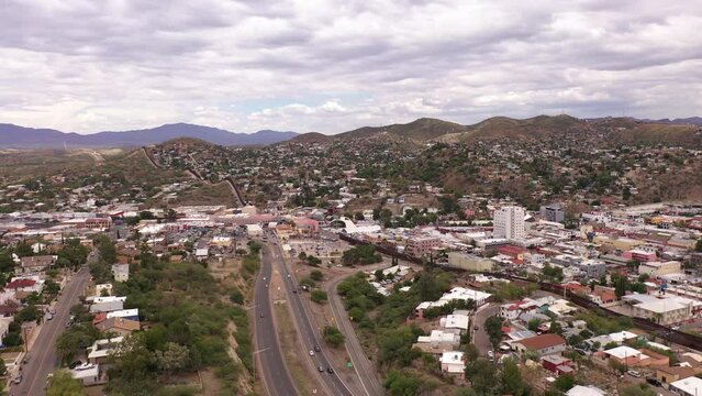 Nogales Arizona, Port of Entry United States and Mexico. Aerial view of city and border wall.