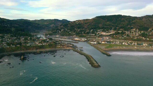 Port of Brookings, Oregon. Aerial view of harbor and jetty.
