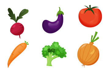 Vegetables vector set cartoon illustration in flat style. eggplant isolated, tomatoes broccoli, carrot isolated on white.