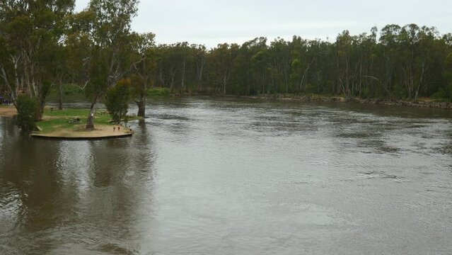 View upstream of the Murray River from the John Foord Bridge between Corowa (NSW) and Wahgunyah (Victoria), Australia, November 2021.