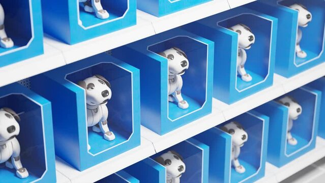Brand new white plastic robot dog toys stacked on store shelves in a loop. 4K HD