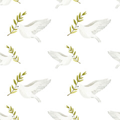 Seamless pattern with dove of peace. Watercolor illustration. Hand drawn religious element.