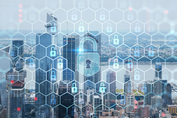 Aerial panoramic city view of West Side Manhattan and Hudson Yards district at day time, NYC, USA. The concept of cyber security to protect confidential information, padlock hologram