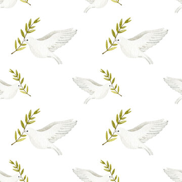 Seamless pattern with dove of peace. Watercolor illustration. Hand drawn religious element.