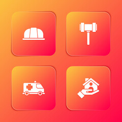Set Worker safety helmet, Judge gavel, Emergency car and House insurance icon. Vector