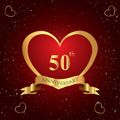 50 years anniversary celebration logo with red heart and gold ribbon isolated on dark red background. Premium design for weddings, graduation, ceremony, greetings card, and birthday party.