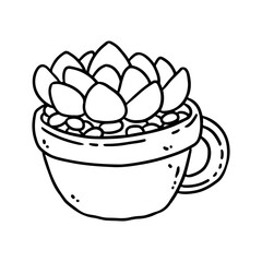 Succulent plant cute doodle image. Aloe potted plant hygge mood logo. Media highlights graphic symbol