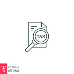 Tax identification icon. Simple outline style. Document with magnifying glass, file analysis concept. Vector illustration design isolated. Editable stroke EPS 10.