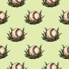 Cute cartoon baseball doodles seamless border pattern. Softball vector repeatable background texture tile. Cozy template of stock print for wrapping design, wallpaper