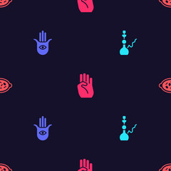 Set Hookah, Hamsa hand, Indian symbol and Kheer in bowl on seamless pattern. Vector