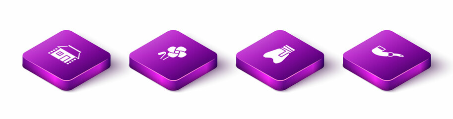 Set Isometric Ukrainian house, Poppy flower, Cossack pants and Smoking pipe icon. Vector