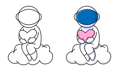 cute astronaut with love sitting on cloud coloring page for kids