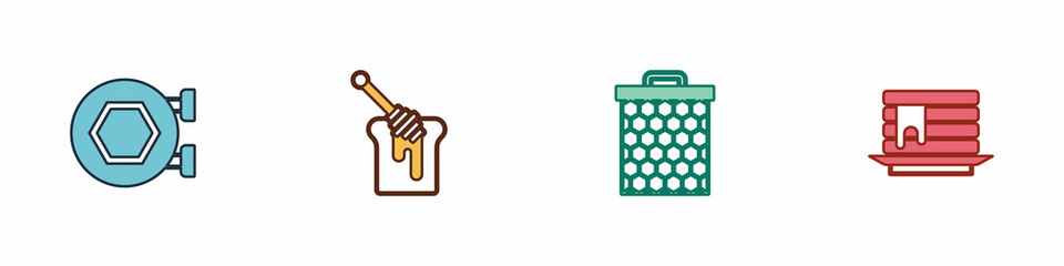 Set Hanging sign with honeycomb, Honey dipper stick, Honeycomb and Stack of pancakes icon. Vector