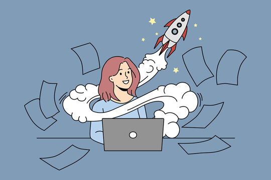 Motivated businesswoman working on computer launch startup. Smiling confident woman busy on laptop, rocket above head as innovative business idea. Vector illustration. 