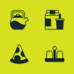 Set Kettle with handle, Salt pepper, Slice of pizza and Online ordering delivery icon. Vector