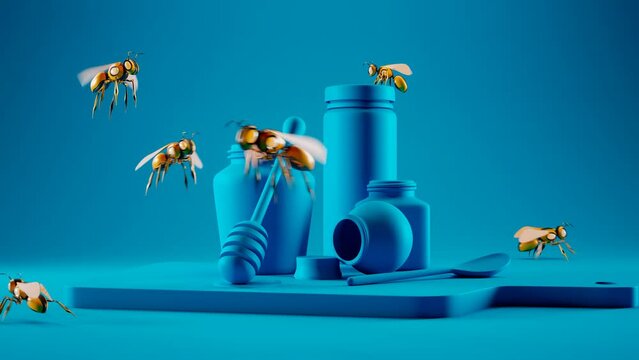 Animation with smart robot bees flying over the jars with honey and bee pollen