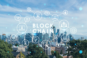 Seattle skyline panorama from Kerry Park. Skyscrapers of financial downtown at day time, Washington, USA. Decentralized economy. Blockchain, cryptography and cryptocurrency concept, hologram