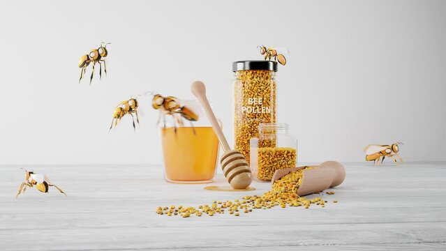 Animation with smart robot bees flying over the jars with honey and bee pollen