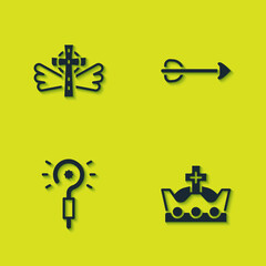 Set Christian cross, King crown, Magic wand and Arrow icon. Vector