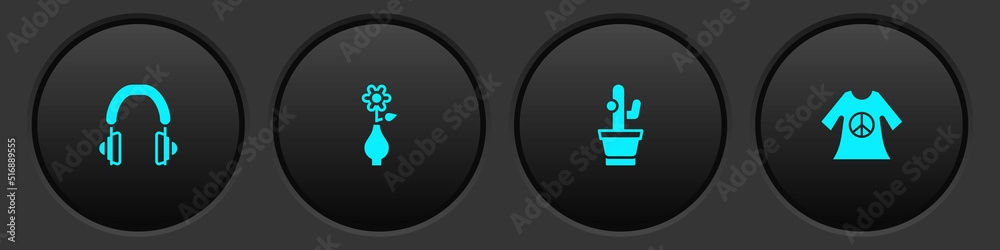 Sticker set headphones, flower in vase, cactus and peace dress print stamp icon. vector